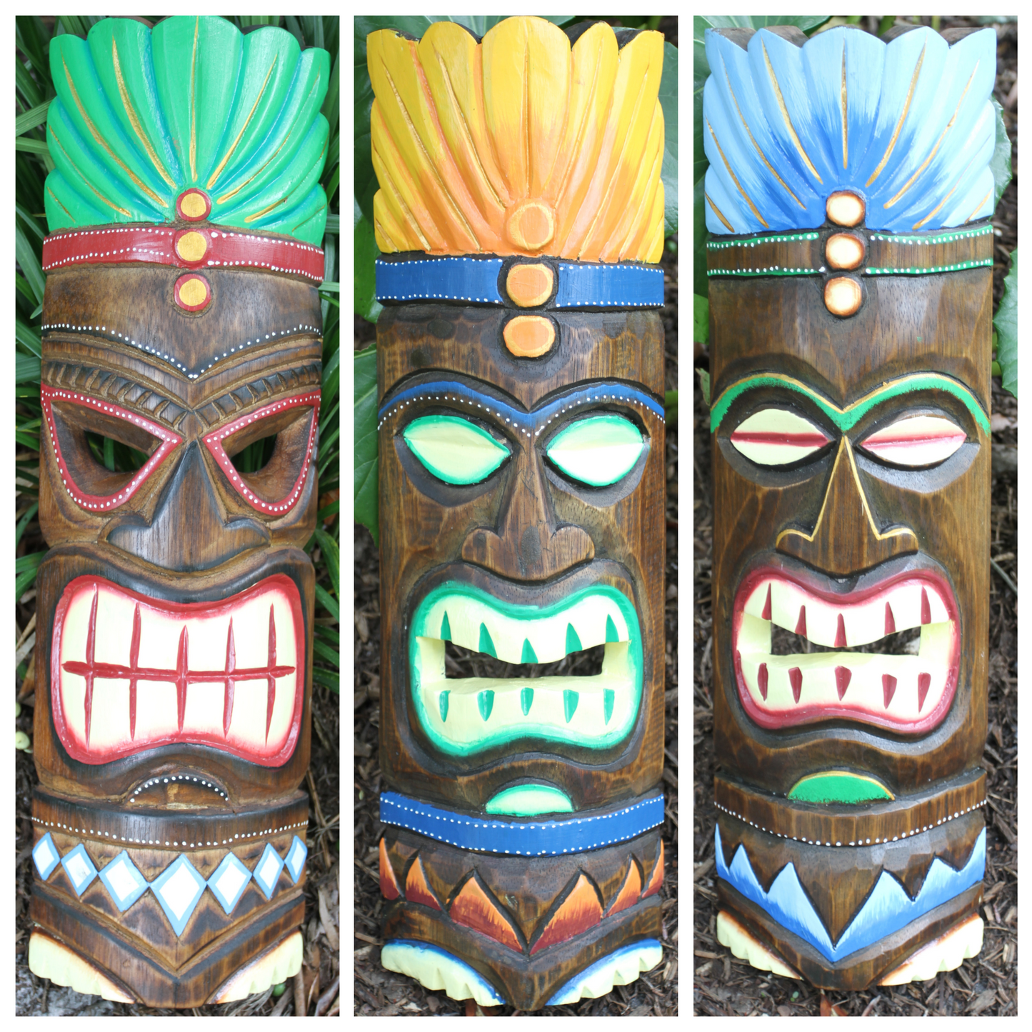 3 VIBRANT TIKI MASKS Wall Hangings, Decorative Wood Tiki Masks, Tropical Garden Decor, All Ocassion Gifts, Beach Weddng Decor BH-TM-1,2,3