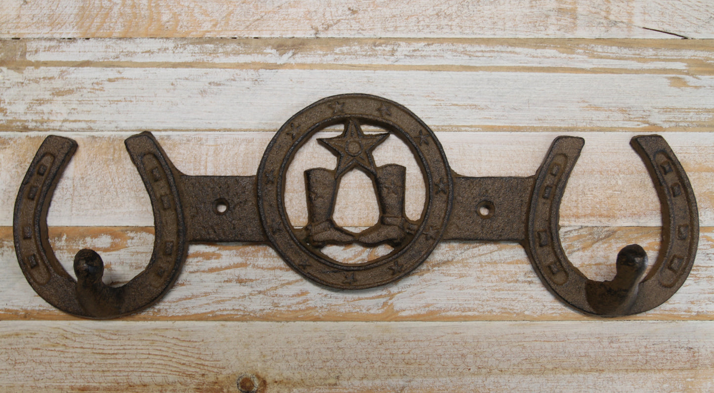 1-COUNTRY WESTERN Large Double Wall Hook,Bath-Kitchen Decor,All Occasion Gifts,Horseshoes,Cowboy Boots,W-66
