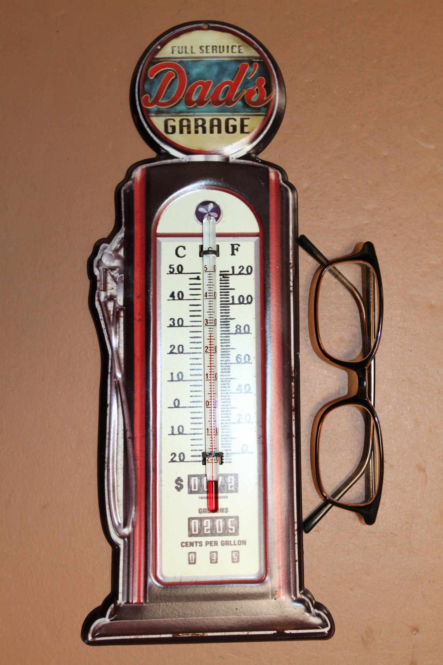 Dad's Garage, Indoor And Outdoor Thermometer, Replica Of A Vintage Wall Hanging, Gas Pump, Old Fashion Graphics, All Occasion Gifts Gift, DG-016T
