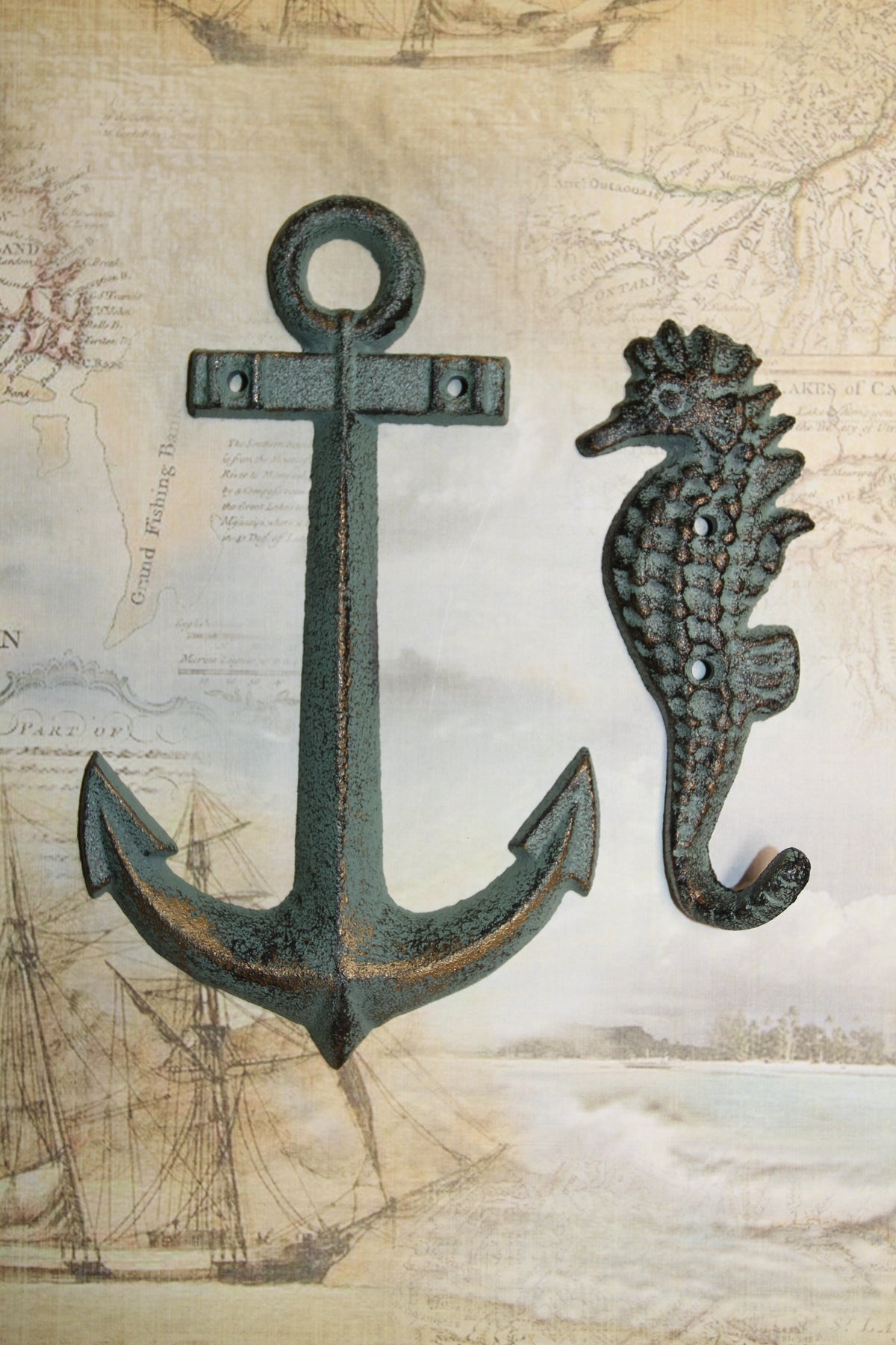 2-SHORE SURF Collection,Anchor Plaque,Seashorse Hook,Beach Decor,Gifts,Harbor Style,N-25,42