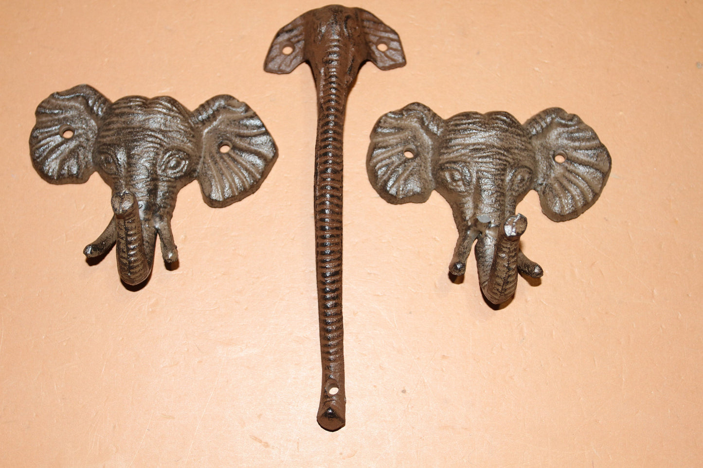 1 Elephant Door Pull and 2 Elephant Wall Hooks, Cast Iron, 1 of HW-98 & 2 of H 40