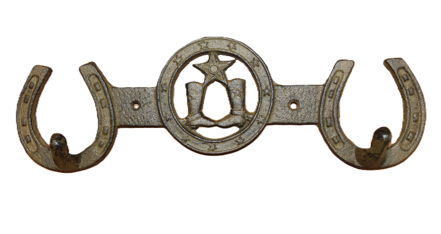 1-COUNTRY WESTERN Large Double Wall Hook,Bath-Kitchen Decor,All Occasion Gifts,Horseshoes,Cowboy Boots,W-66