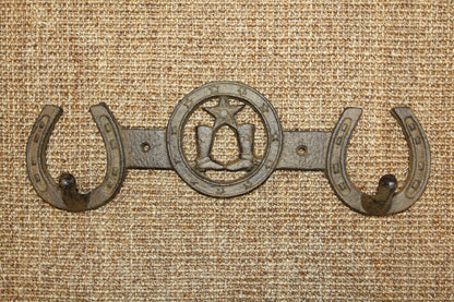 1-COUNTRY WESTERN Large Double Wall Hook,Bath-Kitchen Decor,All Occasion Gifts,Horseshoes,Cowboy Boots,W-66
