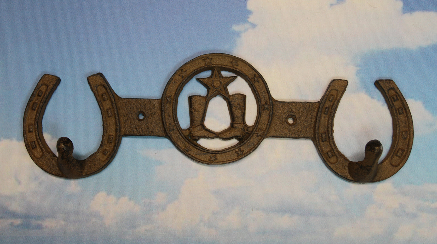 1-COUNTRY WESTERN Large Double Wall Hook,Bath-Kitchen Decor,All Occasion Gifts,Horseshoes,Cowboy Boots,W-66