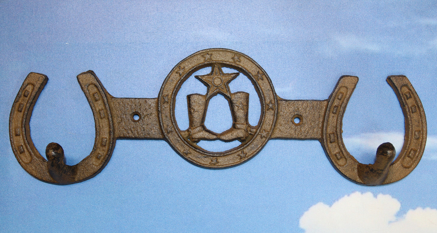 1-COUNTRY WESTERN Large Double Wall Hook,Bath-Kitchen Decor,All Occasion Gifts,Horseshoes,Cowboy Boots,W-66