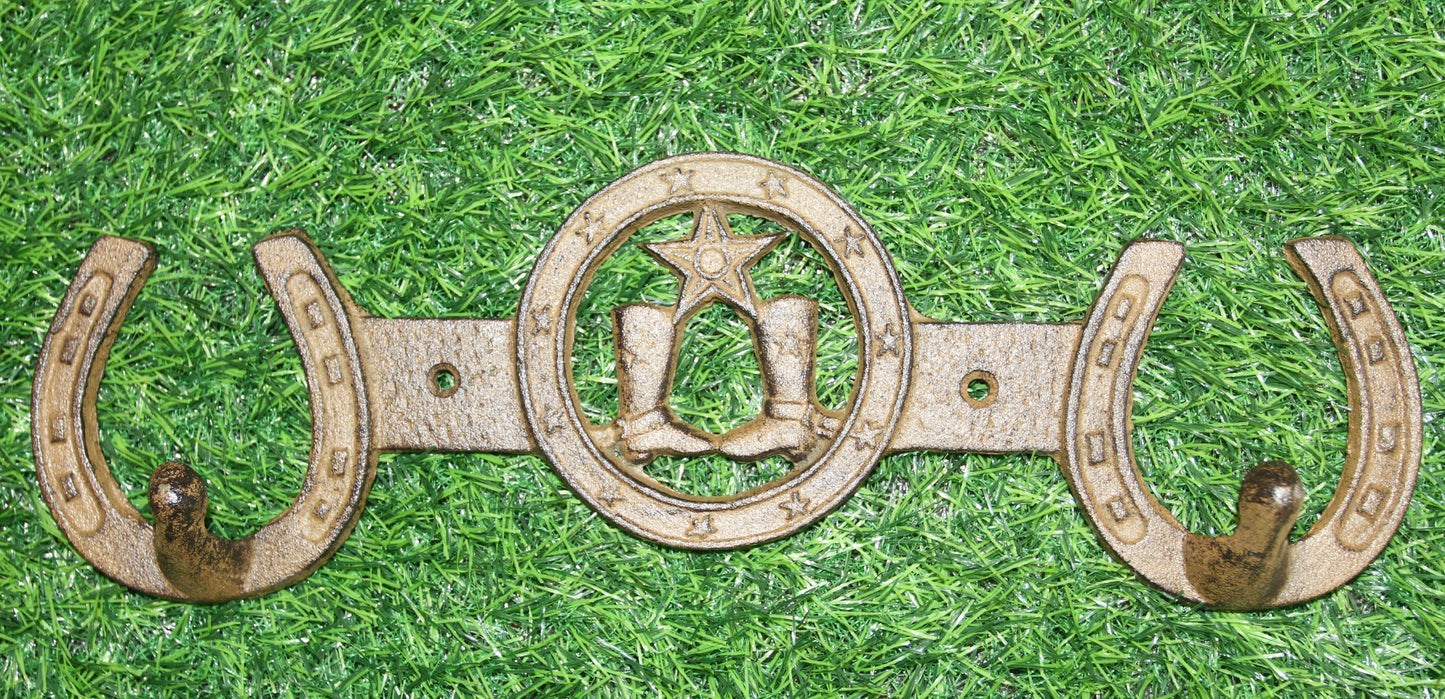 1-COUNTRY WESTERN Large Double Wall Hook,Bath-Kitchen Decor,All Occasion Gifts,Horseshoes,Cowboy Boots,W-66