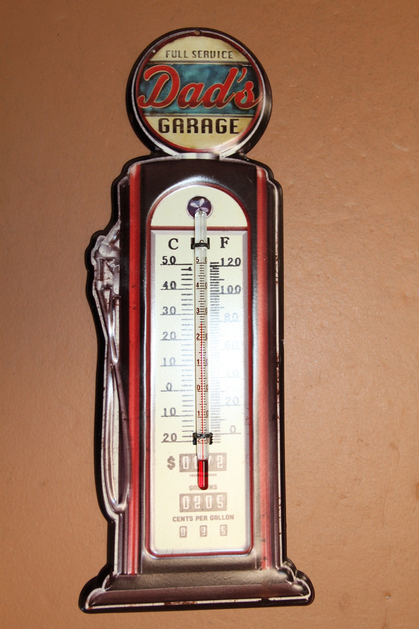 Dad's Garage, Indoor And Outdoor Thermometer, Replica Of A Vintage Wall Hanging, Gas Pump, Old Fashion Graphics, All Occasion Gifts Gift, DG-016T