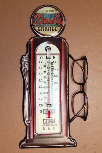 Dad's Garage, Indoor And Outdoor Thermometer, Replica Of A Vintage Wall Hanging, Gas Pump, Old Fashion Graphics, All Occasion Gifts Gift, DG-016T
