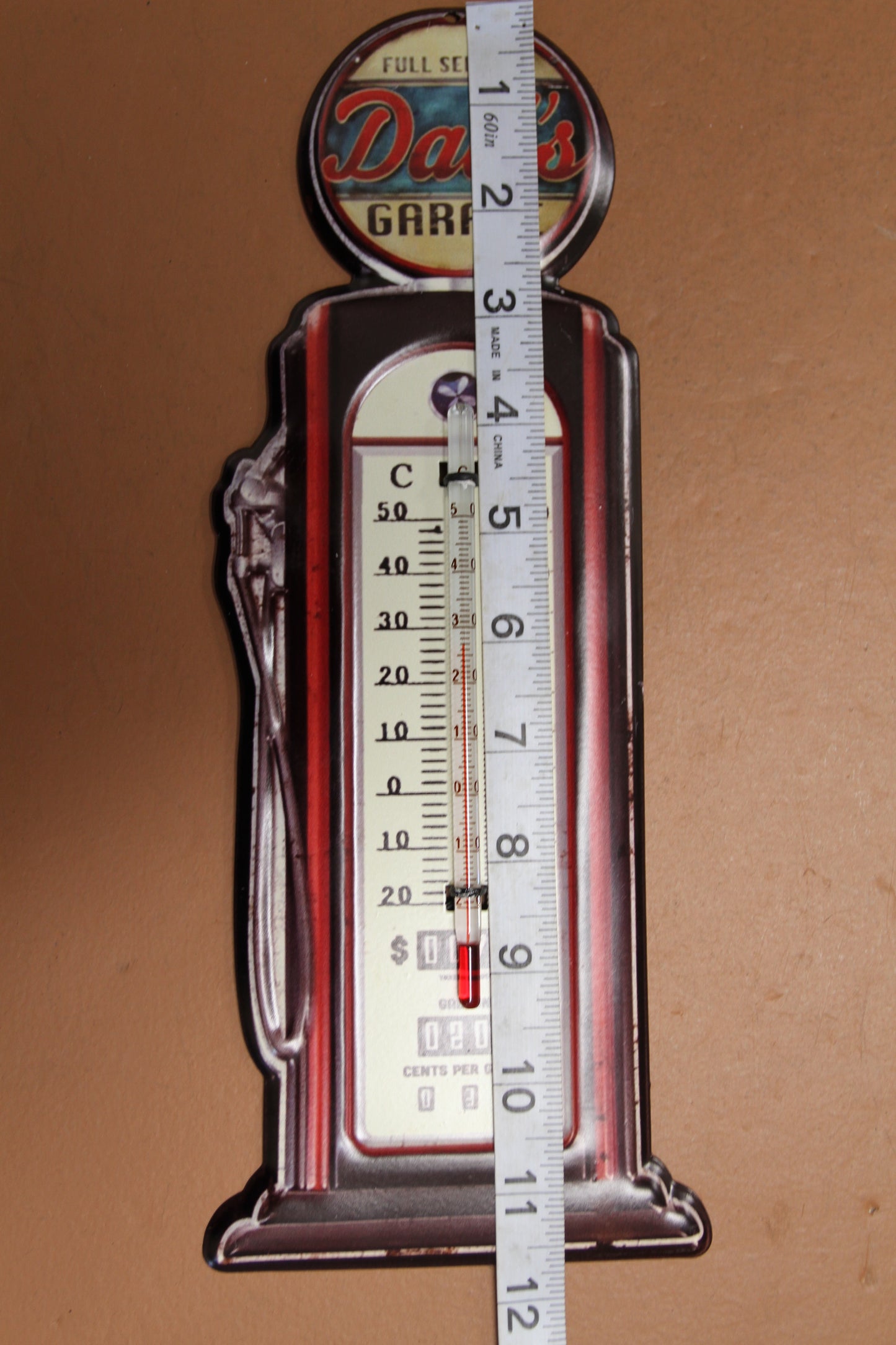 Dad's Garage, Indoor And Outdoor Thermometer, Replica Of A Vintage Wall Hanging, Gas Pump, Old Fashion Graphics, All Occasion Gifts Gift, DG-016T