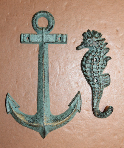 2-SHORE SURF Collection,Anchor Plaque,Seashorse Hook,Beach Decor,Gifts,Harbor Style,N-25,42