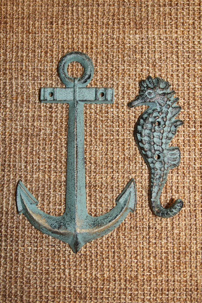 2-SHORE SURF Collection,Anchor Plaque,Seashorse Hook,Beach Decor,Gifts,Harbor Style,N-25,42