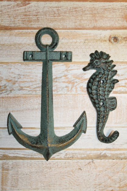 2-SHORE SURF Collection,Anchor Plaque,Seashorse Hook,Beach Decor,Gifts,Harbor Style,N-25,42