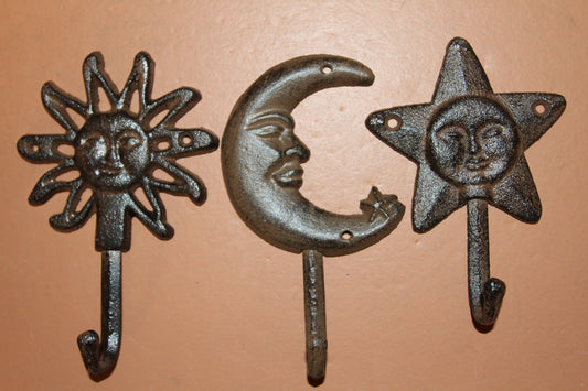 Celestial Decor, 3pc Wall Hook Collection,SUN MOON STARS,Country Decor,Hanging Storage, Gifts, Free Ship, H-16,27B,82B