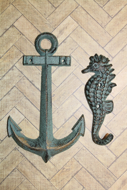 2-SHORE SURF Collection,Anchor Plaque,Seashorse Hook,Beach Decor,Gifts,Harbor Style,N-25,42