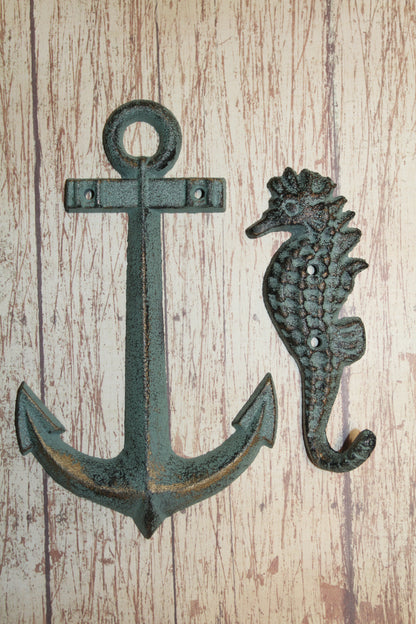 2-SHORE SURF Collection,Anchor Plaque,Seashorse Hook,Beach Decor,Gifts,Harbor Style,N-25,42
