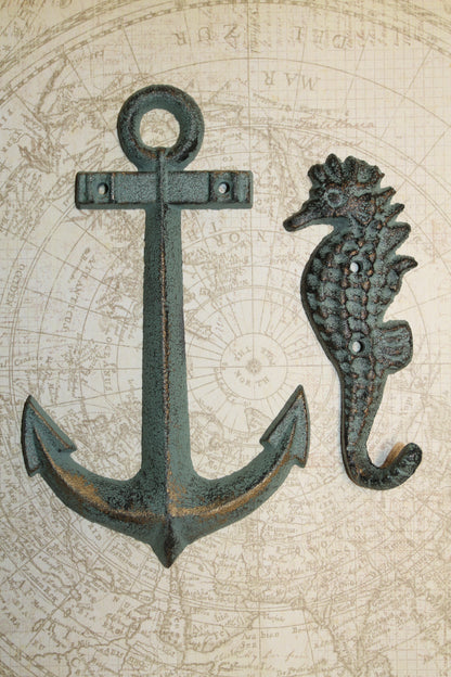 2-SHORE SURF Collection,Anchor Plaque,Seashorse Hook,Beach Decor,Gifts,Harbor Style,N-25,42