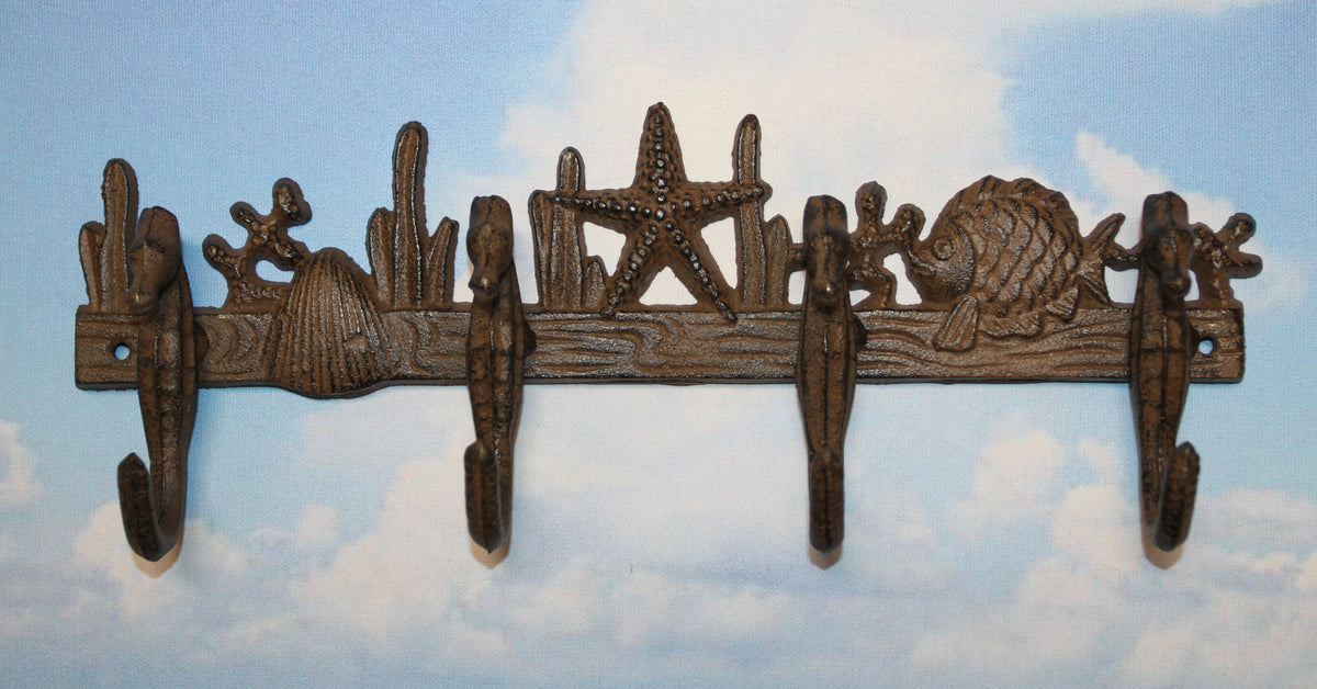 1-Large SEAHORSE WALL HOOK,4 Generous Hanging Hooks,Coastal Style Home Decor,Ocean Life, H-31