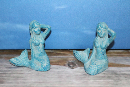 2-Aqua Blue Freestanding MERMAIDS,Small Figurines,Mtyhical,Beach Decor,Collctible.N-55