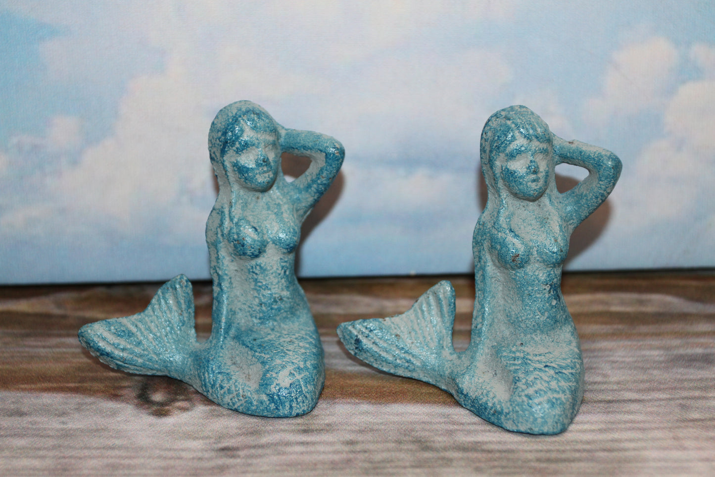 2-Aqua Blue Freestanding MERMAIDS,Small Figurines,Mtyhical,Beach Decor,Collctible.N-55