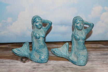 2-Aqua Blue Freestanding MERMAIDS,Small Figurines,Mtyhical,Beach Decor,Collctible.N-55