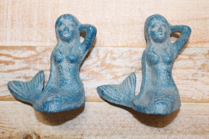 2-Aqua Blue Freestanding MERMAIDS,Small Figurines,Mtyhical,Beach Decor,Collctible.N-55