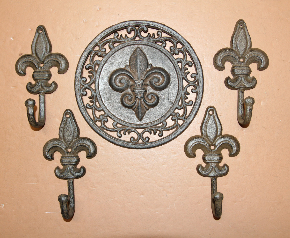 Fleur De Lis Collection,Wall Plaque And 4 Wall Hooks,Victorian Decor,Hanging Storage,F-11,27