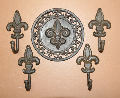 Fleur De Lis Collection,Wall Plaque And 4 Wall Hooks,Victorian Decor,Hanging Storage,F-11,27