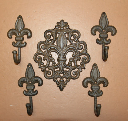 FLEUR DE LIS Wall Plaque And 4 Wall Hooks,Old World Charm, Victorian Style Home Accents F-10,27