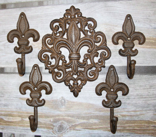 FLEUR DE LIS Wall Plaque And 4 Wall Hooks,Old World Charm, Victorian Style Home Accents F-10,27