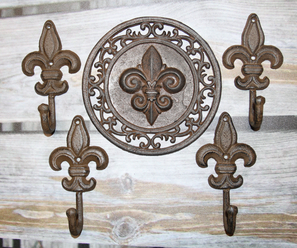 Fleur De Lis Collection,Wall Plaque And 4 Wall Hooks,Victorian Decor,Hanging Storage,F-11,27