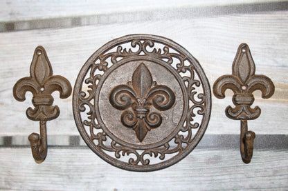 3pc-FLEUR DE LIS,2 Wall Hooks,Wall Plaque,New Orleans Style, Gifts,Country Decor,F-11,27