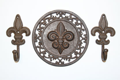 3pc-FLEUR DE LIS,2 Wall Hooks,Wall Plaque,New Orleans Style, Gifts,Country Decor,F-11,27
