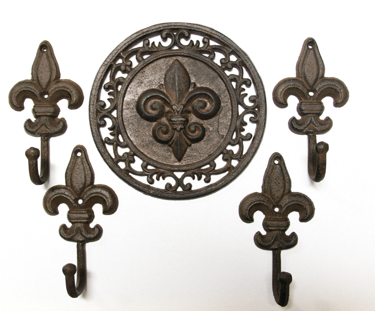 Fleur De Lis Collection,Wall Plaque And 4 Wall Hooks,Victorian Decor,Hanging Storage,F-11,27