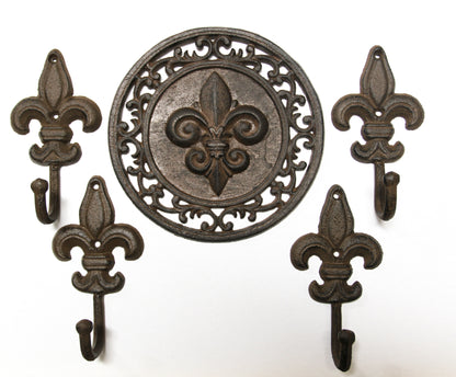 Fleur De Lis Collection,Wall Plaque And 4 Wall Hooks,Victorian Decor,Hanging Storage,F-11,27