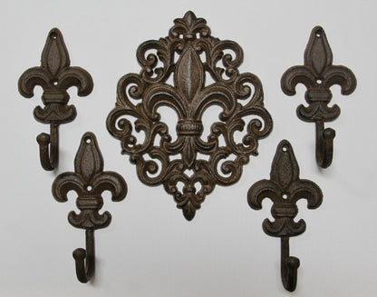 FLEUR DE LIS Wall Plaque And 4 Wall Hooks,Old World Charm, Victorian Style Home Accents F-10,27