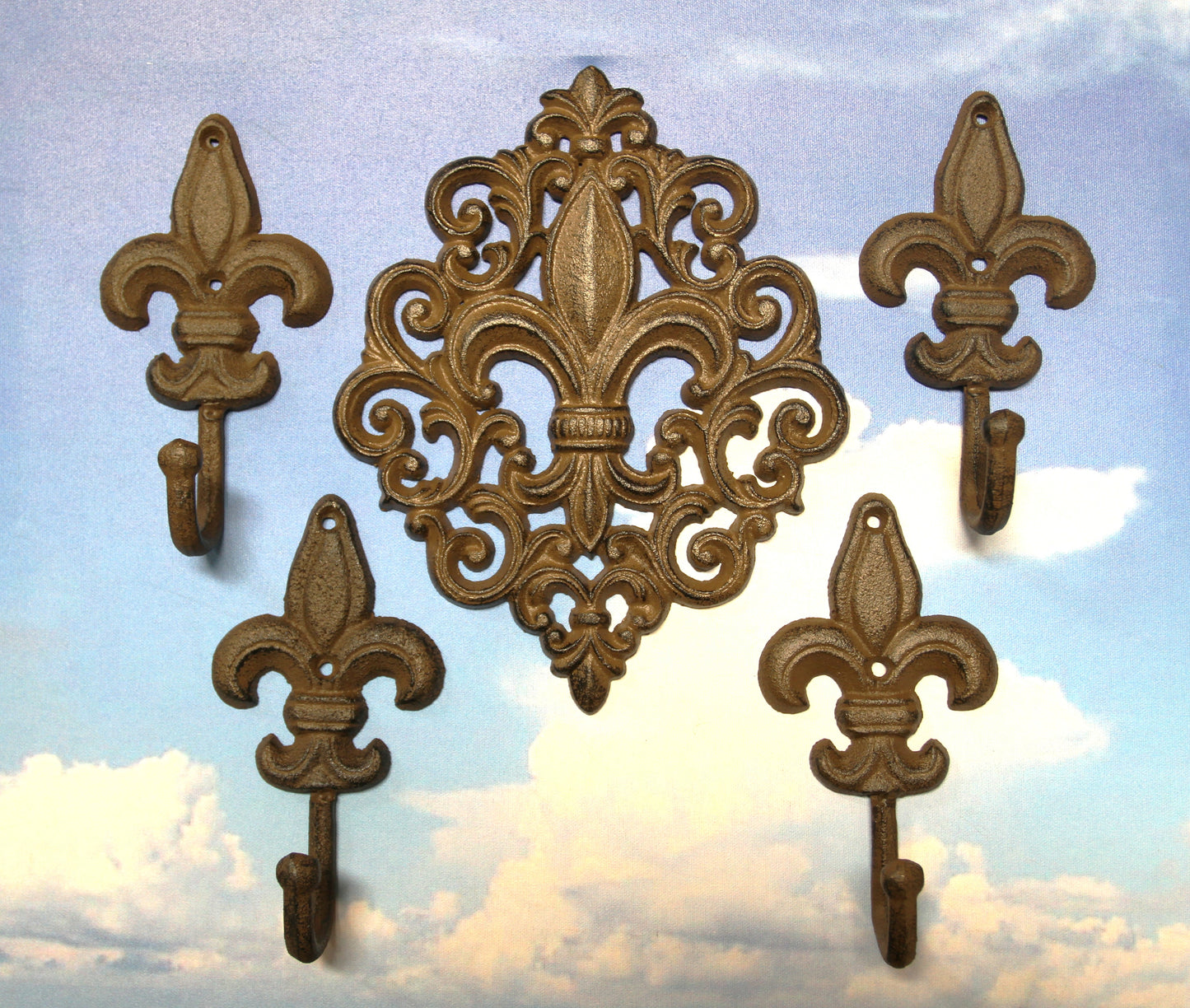 FLEUR DE LIS Wall Plaque And 4 Wall Hooks,Old World Charm, Victorian Style Home Accents F-10,27