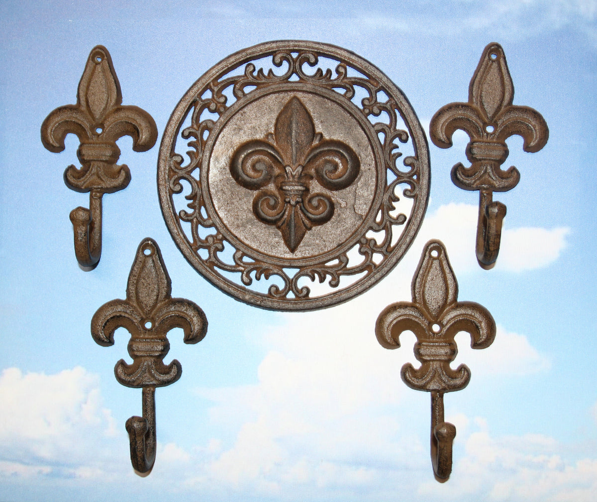 Fleur De Lis Collection,Wall Plaque And 4 Wall Hooks,Victorian Decor,Hanging Storage,F-11,27