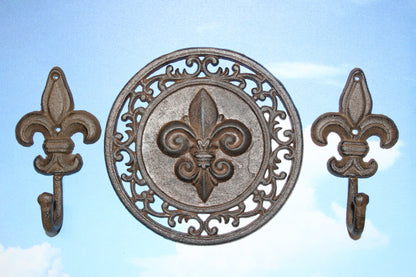 3pc-FLEUR DE LIS,2 Wall Hooks,Wall Plaque,New Orleans Style, Gifts,Country Decor,F-11,27