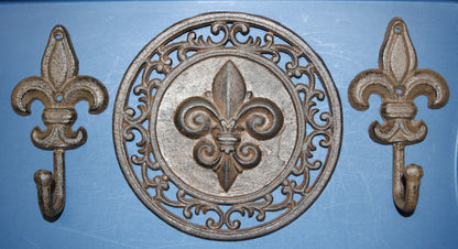 3pc-FLEUR DE LIS,2 Wall Hooks,Wall Plaque,New Orleans Style, Gifts,Country Decor,F-11,27