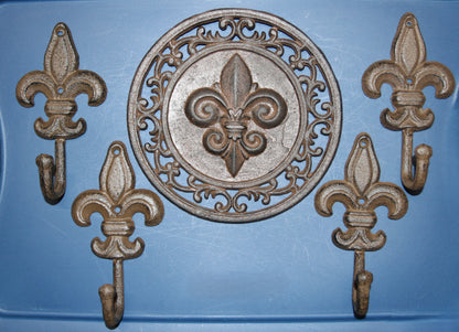 Fleur De Lis Collection,Wall Plaque And 4 Wall Hooks,Victorian Decor,Hanging Storage,F-11,27