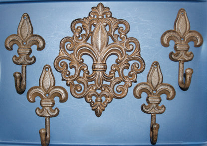 FLEUR DE LIS Wall Plaque And 4 Wall Hooks,Old World Charm, Victorian Style Home Accents F-10,27
