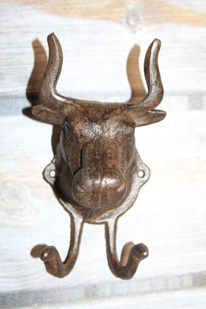 Giant BULL Wall Hook,Cattle Decor,Double Hook,Farm,Ranch Accent,Heavy Metal,Hanging Storage,H-81B