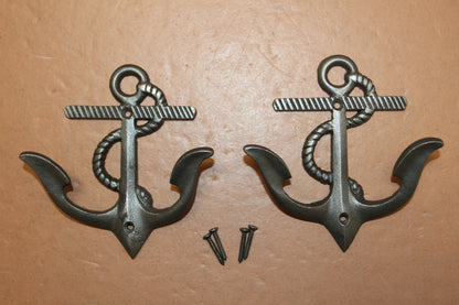 2-DOUBLE WALL HOOKS,ANCHORS,Coastal Decor,Boat Accents,Marina Style,Gifts,Bath And Kitchen Wall Hooks, N-38BI