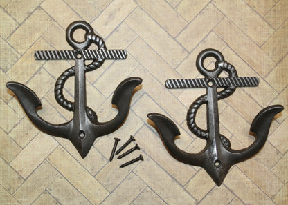 2-DOUBLE WALL HOOKS,ANCHORS,Coastal Decor,Boat Accents,Marina Style,Gifts,Bath And Kitchen Wall Hooks, N-38BI