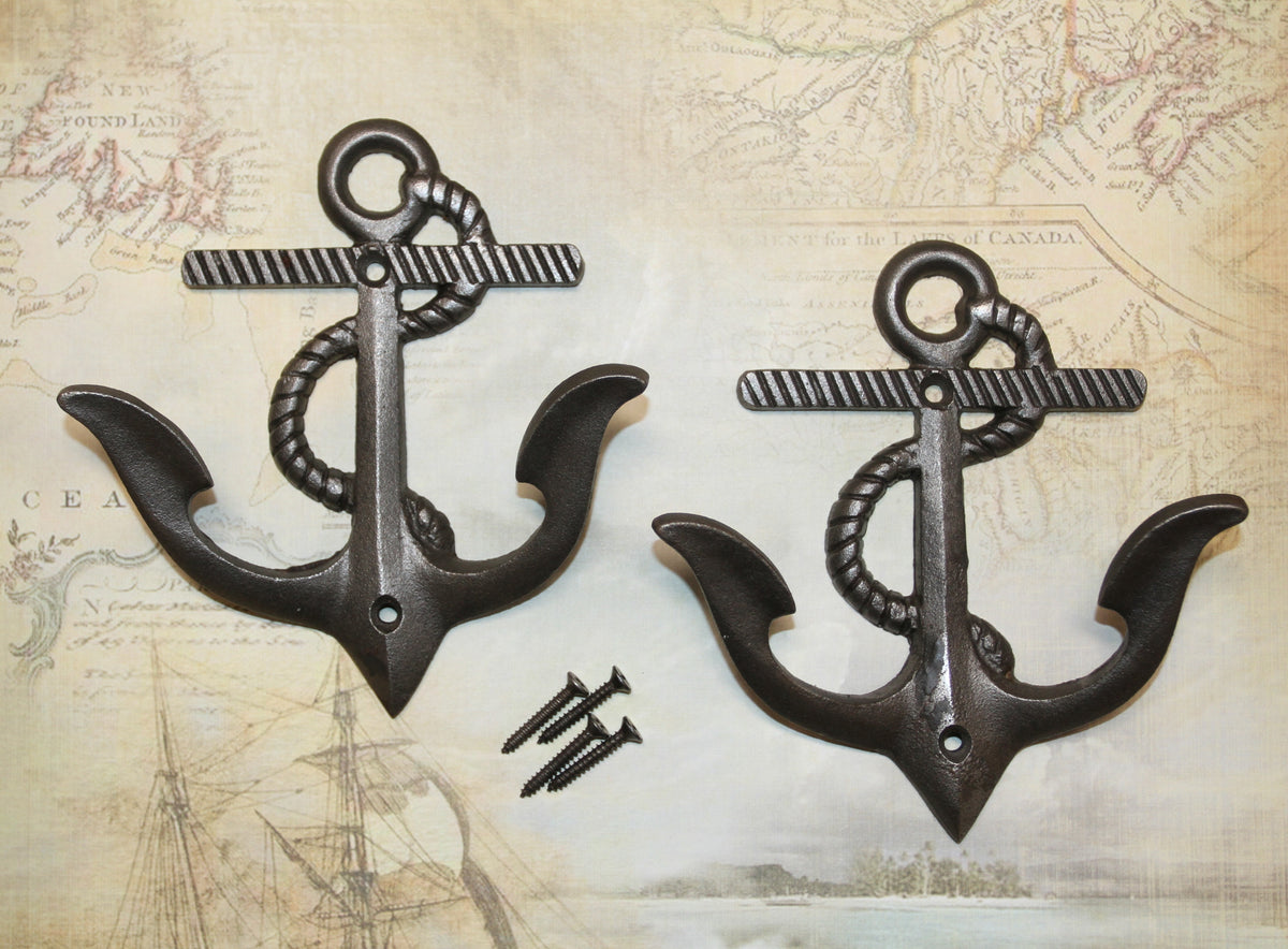 2-DOUBLE WALL HOOKS,ANCHORS,Coastal Decor,Boat Accents,Marina Style,Gifts,Bath And Kitchen Wall Hooks, N-38BI