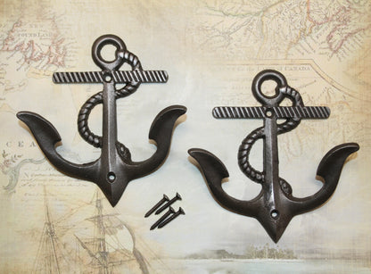 2-DOUBLE WALL HOOKS,ANCHORS,Coastal Decor,Boat Accents,Marina Style,Gifts,Bath And Kitchen Wall Hooks, N-38BI