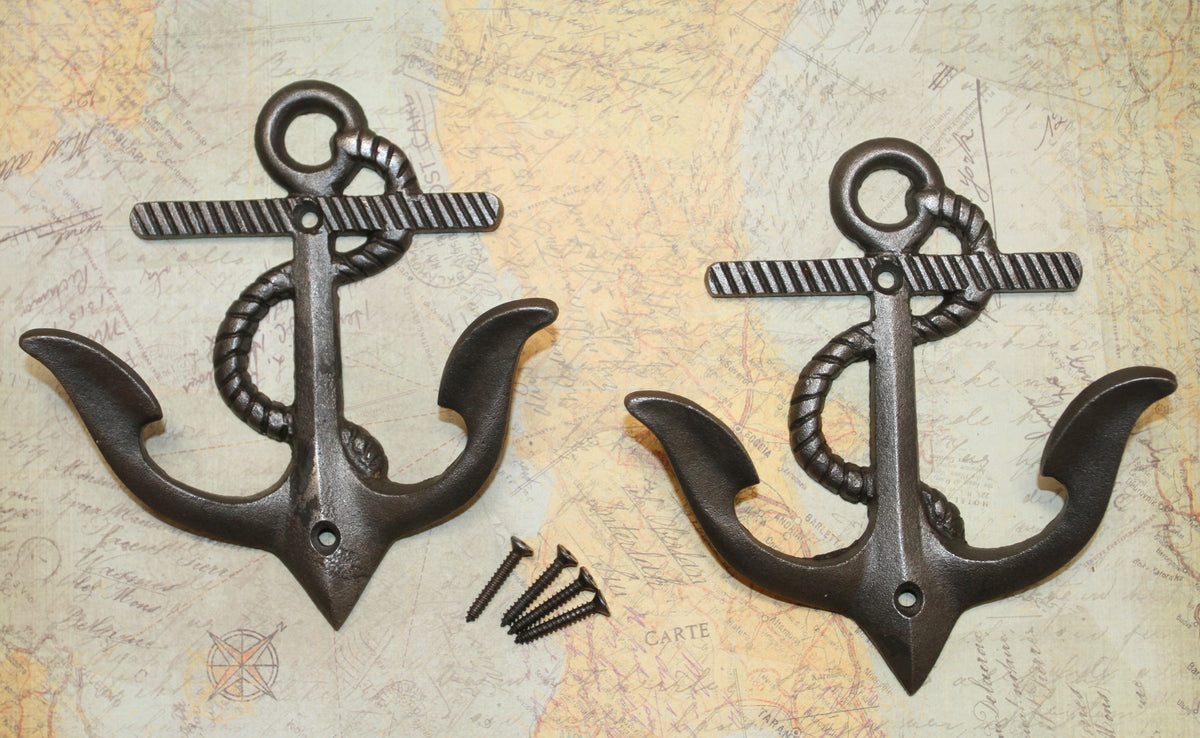 2-DOUBLE WALL HOOKS,ANCHORS,Coastal Decor,Boat Accents,Marina Style,Gifts,Bath And Kitchen Wall Hooks, N-38BI