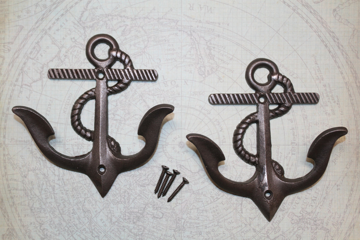 2-DOUBLE WALL HOOKS,ANCHORS,Coastal Decor,Boat Accents,Marina Style,Gifts,Bath And Kitchen Wall Hooks, N-38BI