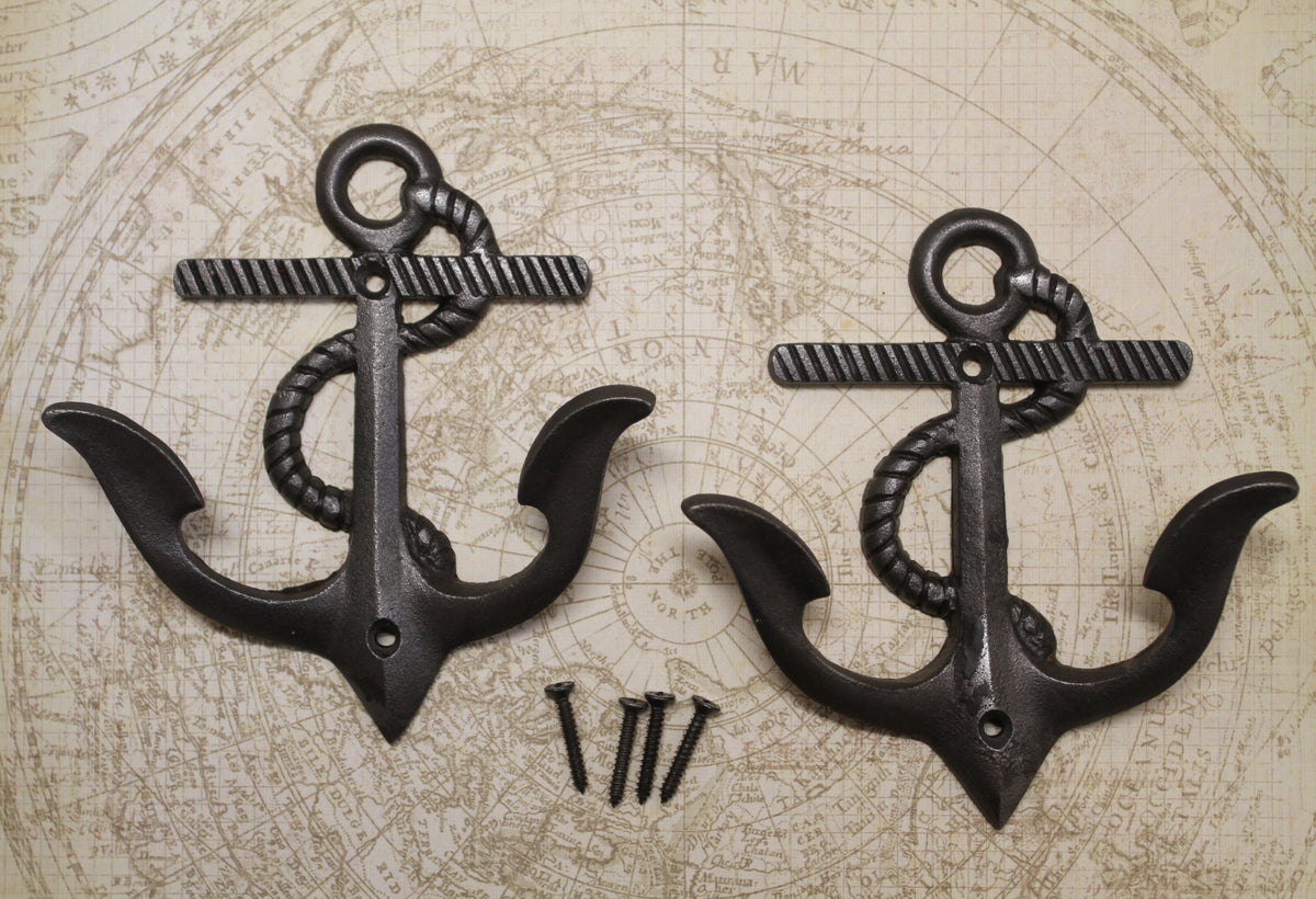 2-DOUBLE WALL HOOKS,ANCHORS,Coastal Decor,Boat Accents,Marina Style,Gifts,Bath And Kitchen Wall Hooks, N-38BI