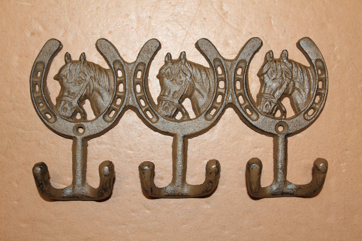 1-HORSE AND HORSESHOE WALL HOOKS,3 Double Wall Hooks,Contry Style Home Decor,Hanging Storage,W-30